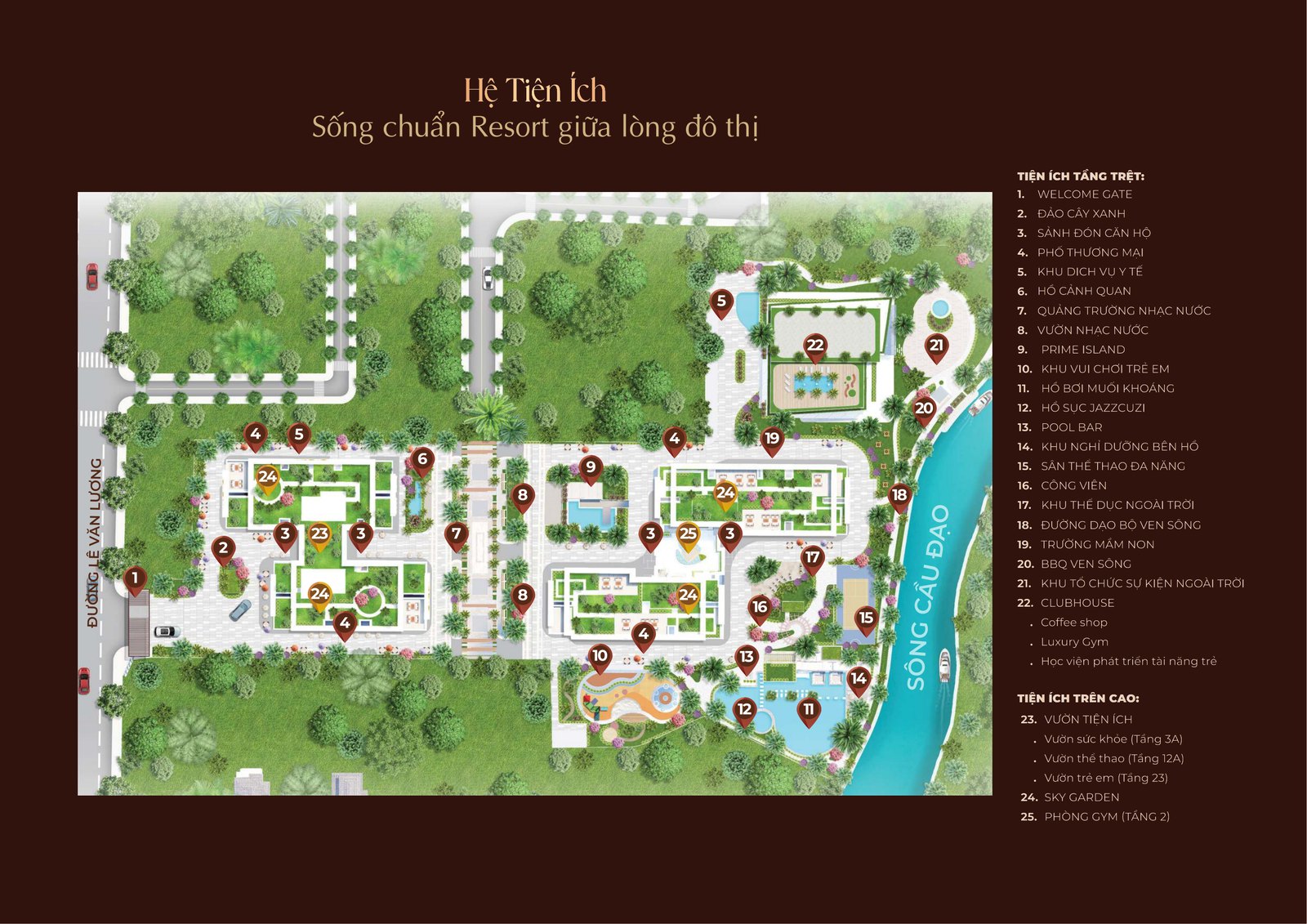 Mặt bằng tổng thể hệ tiện ích resort Khải Hoàn Prime — 25+ tiện ích nội khu bên sông